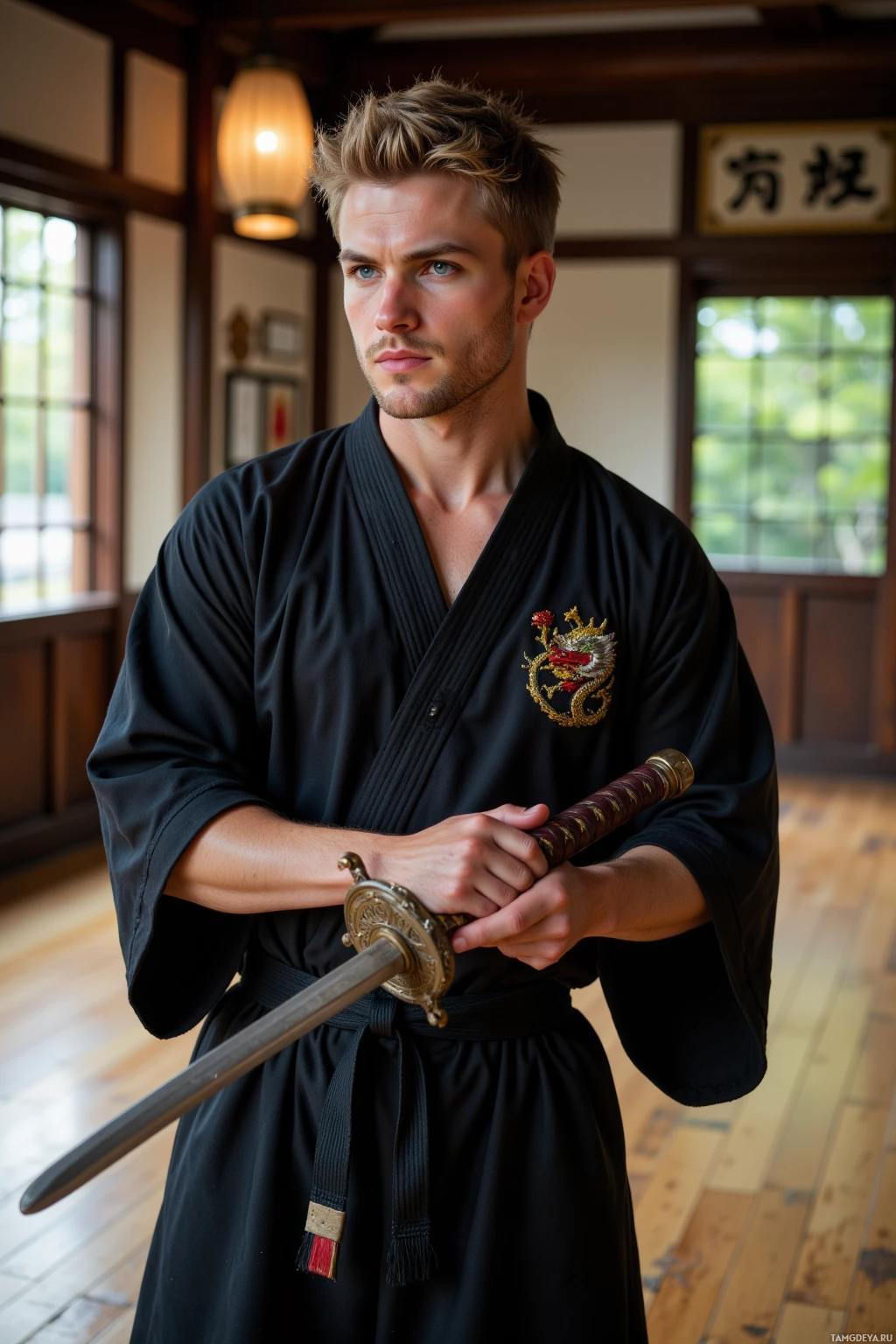 В традиционной японской комнате человек в черном кимоно держит меч с изображением дракона.