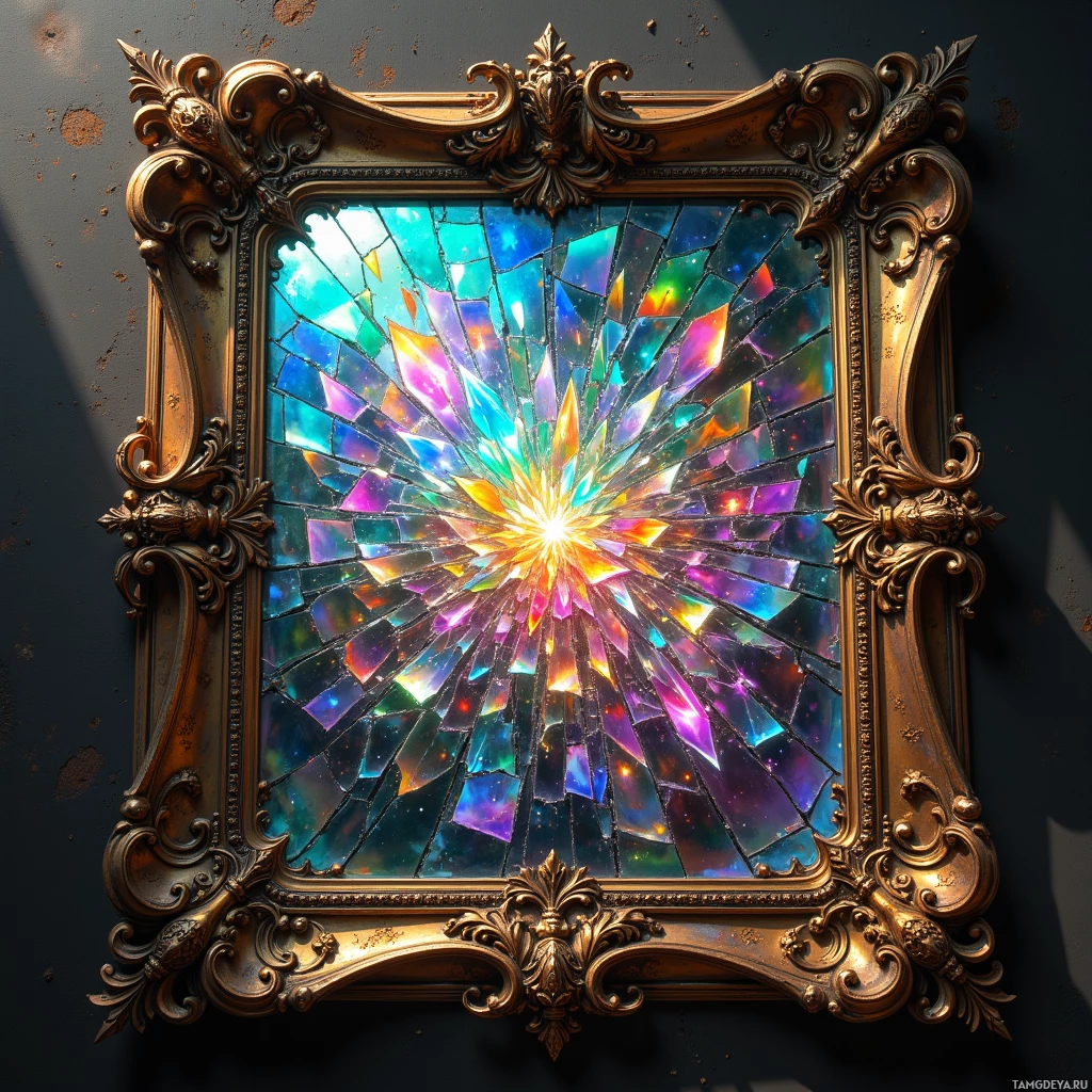 Яркая мозаика из разбитого стекла в изящной золоченой раме.