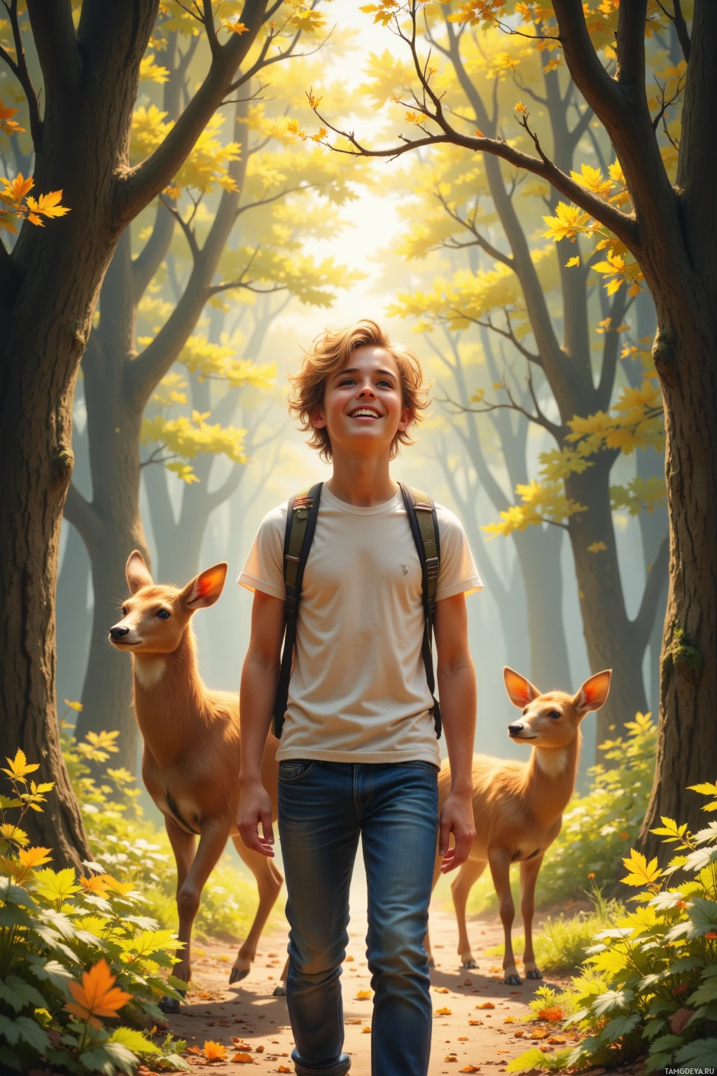 В лесу, утопающем в золотой листве, человек идёт рядом с двумя оленями.