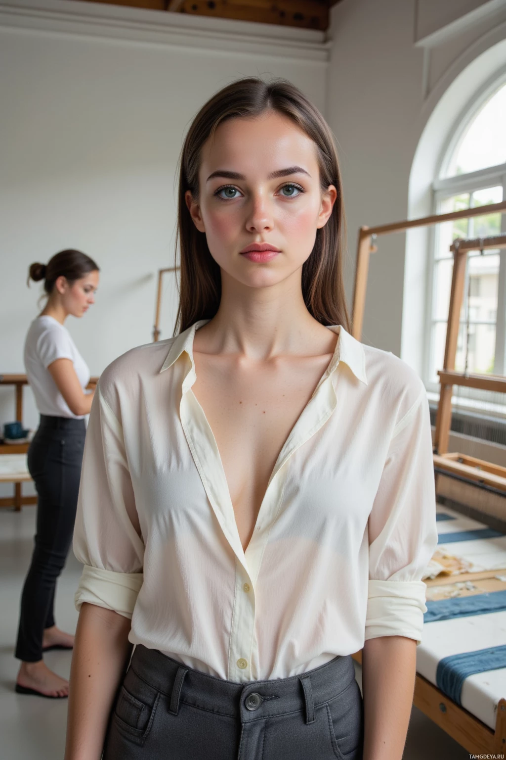 В комнате стоит женщина в белой блузке и серых брюках, на заднем плане виден ещё один человек.