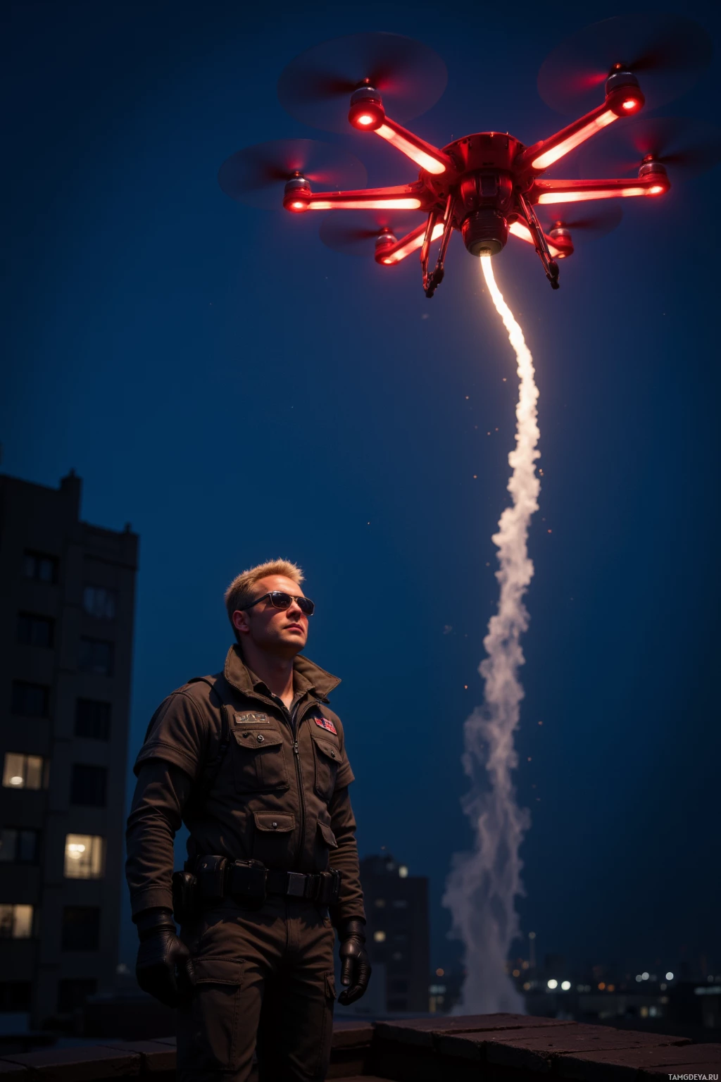 На крыше ночью стоит человек в форме, наблюдающий за дроном, зависшим в воздухе и излучающим яркий свет.