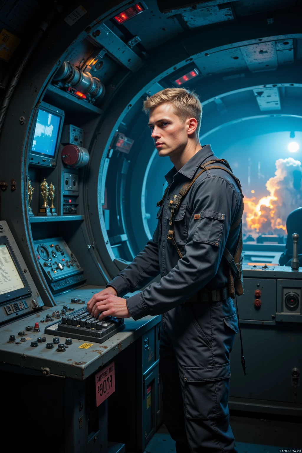 Человек в военной форме управляет панелью управления в полумраке футуристического интерьера.