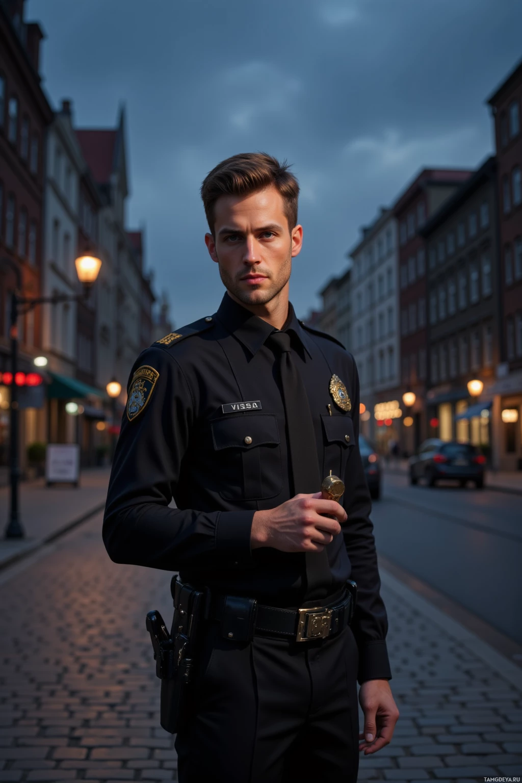 На закате на мощёной улице стоит полицейский в форме, с бейджем и держа в руке значок.