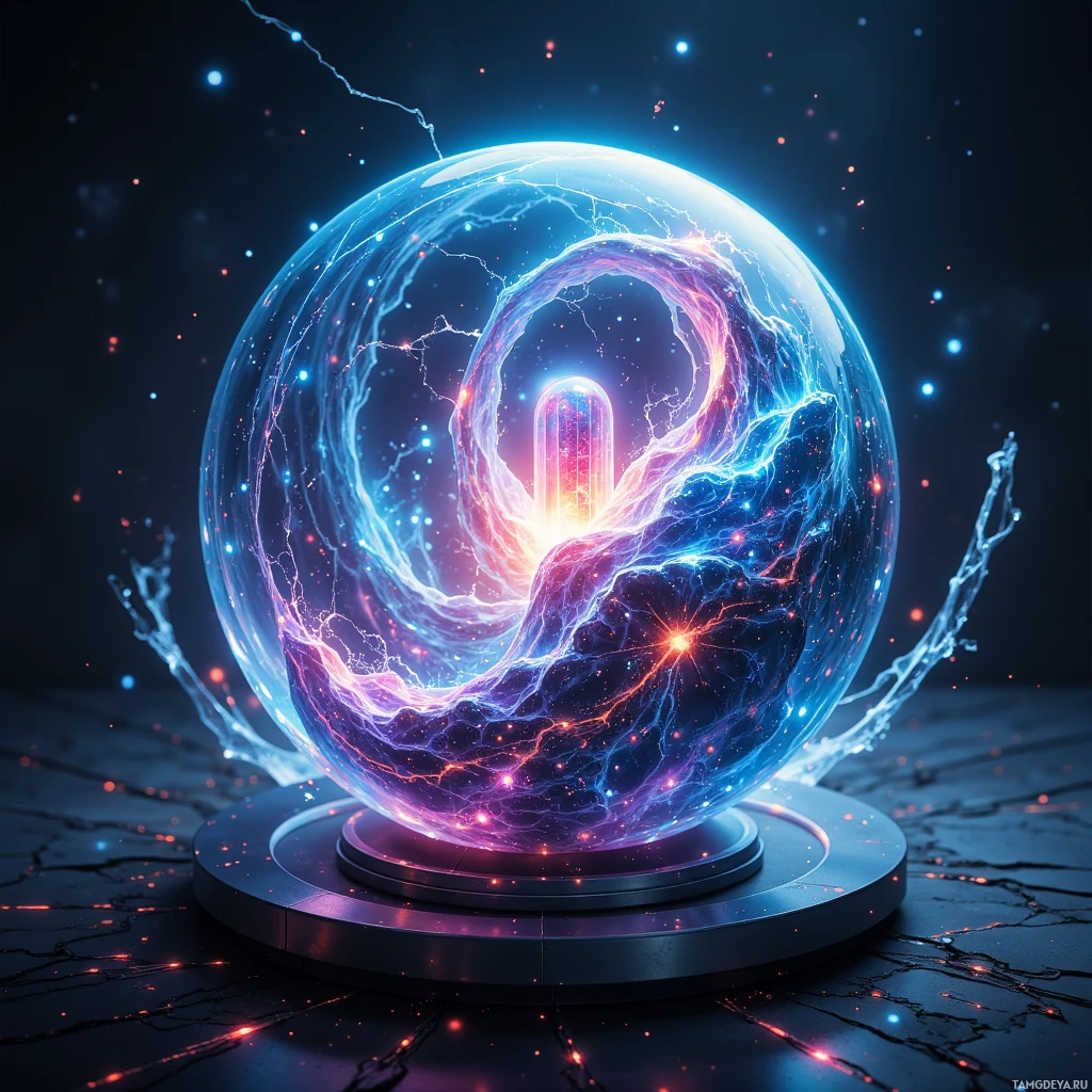 Светящийся, неземной шар с замысловатыми световыми узорами и постаментом.
