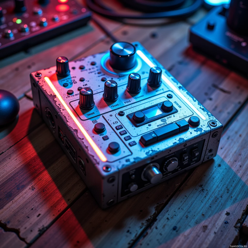 Крупный план компактного аудиоустройства с ручками и кнопками, подсвеченными красными и синими огнями, на деревянной поверхности.