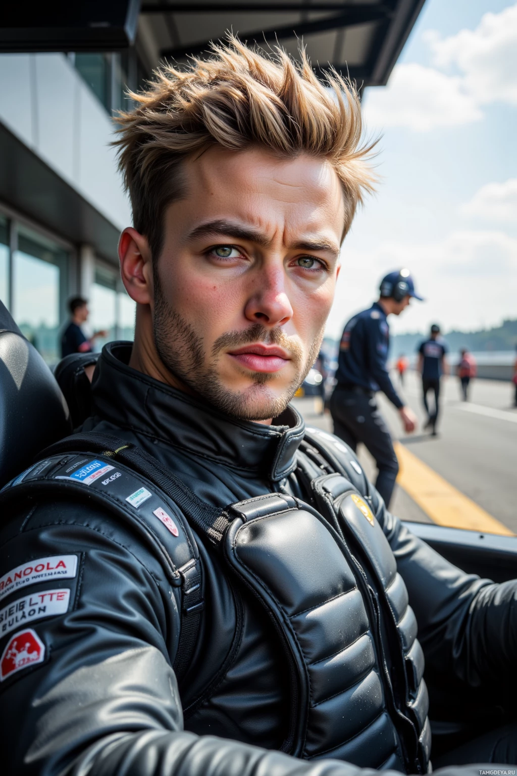 В машине сидит человек в черном гоночном комбинезоне и защитной экипировке.