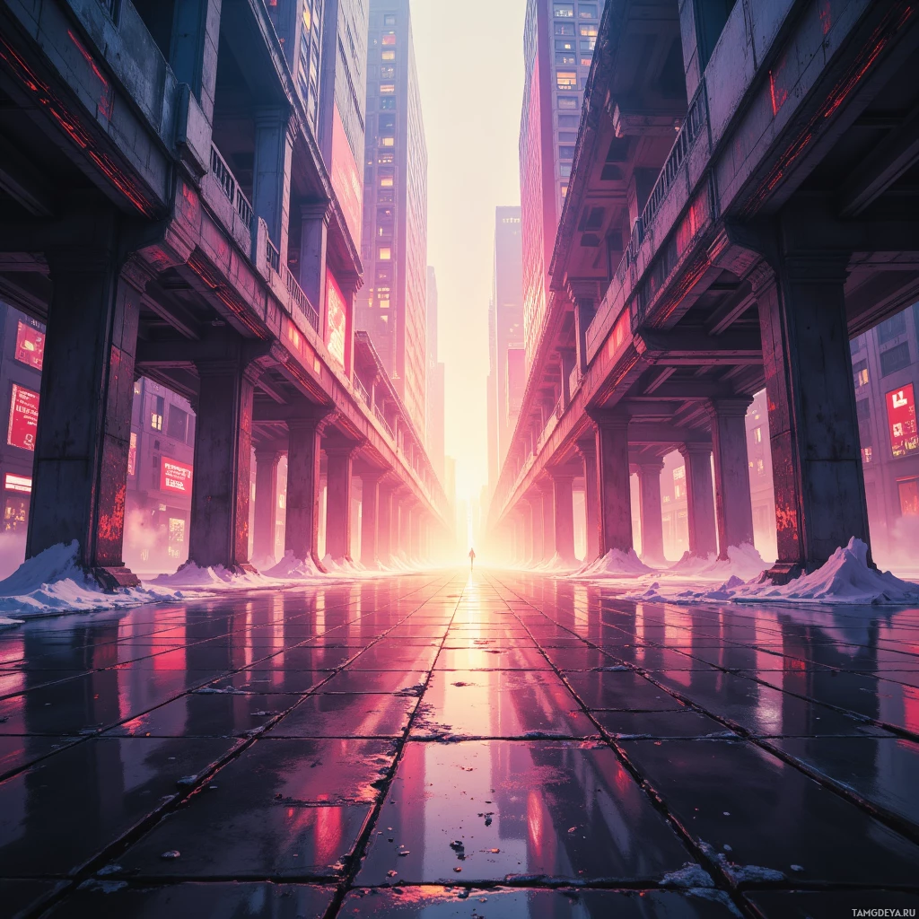 Панорама города с высокими зданиями и фигурой человека, идущего вдалеке, на фоне ясного неба.