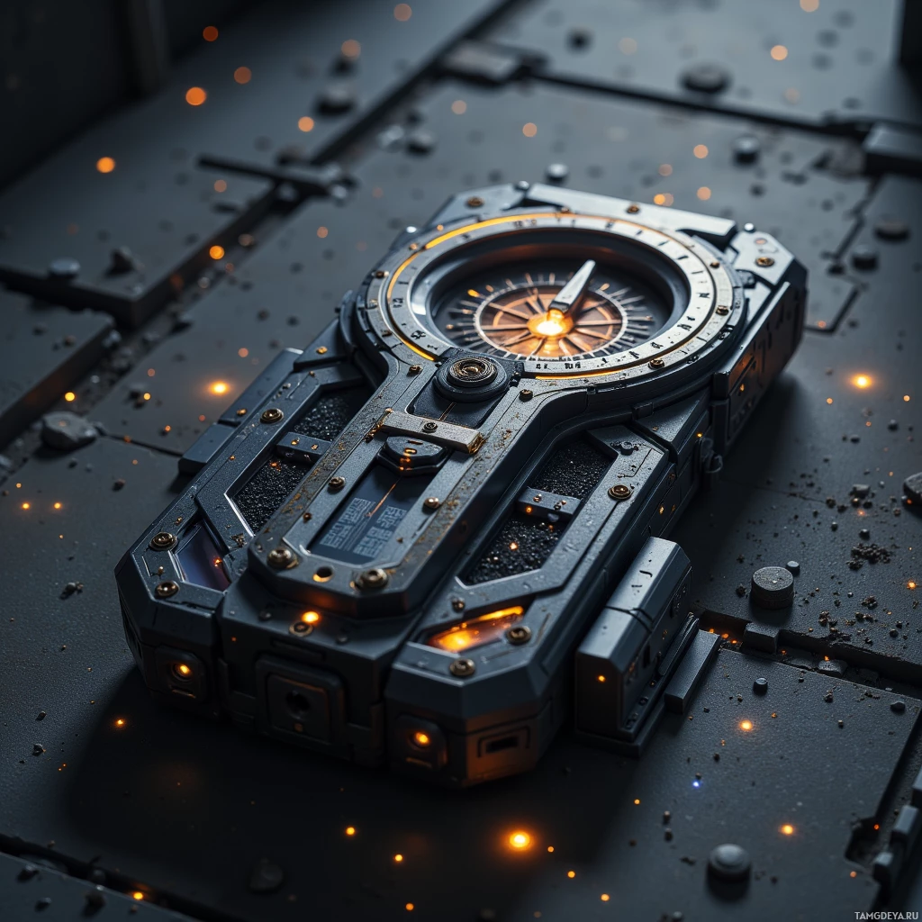 Футуристическое металлическое устройство со светящимися элементами и сложной деталировкой.