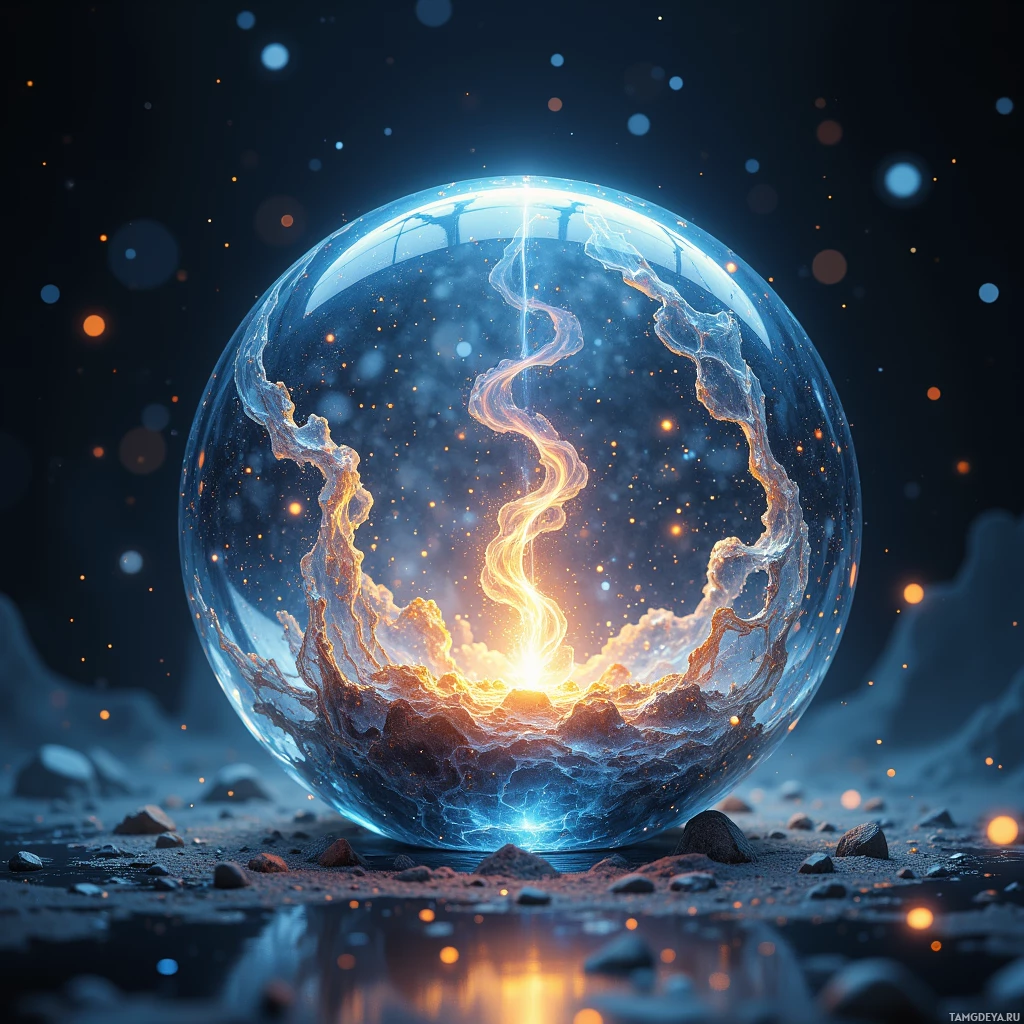 Светящаяся, неземная сфера с мерцающим светом и частицами, покоящаяся на каменистой поверхности на фоне звездного неба.