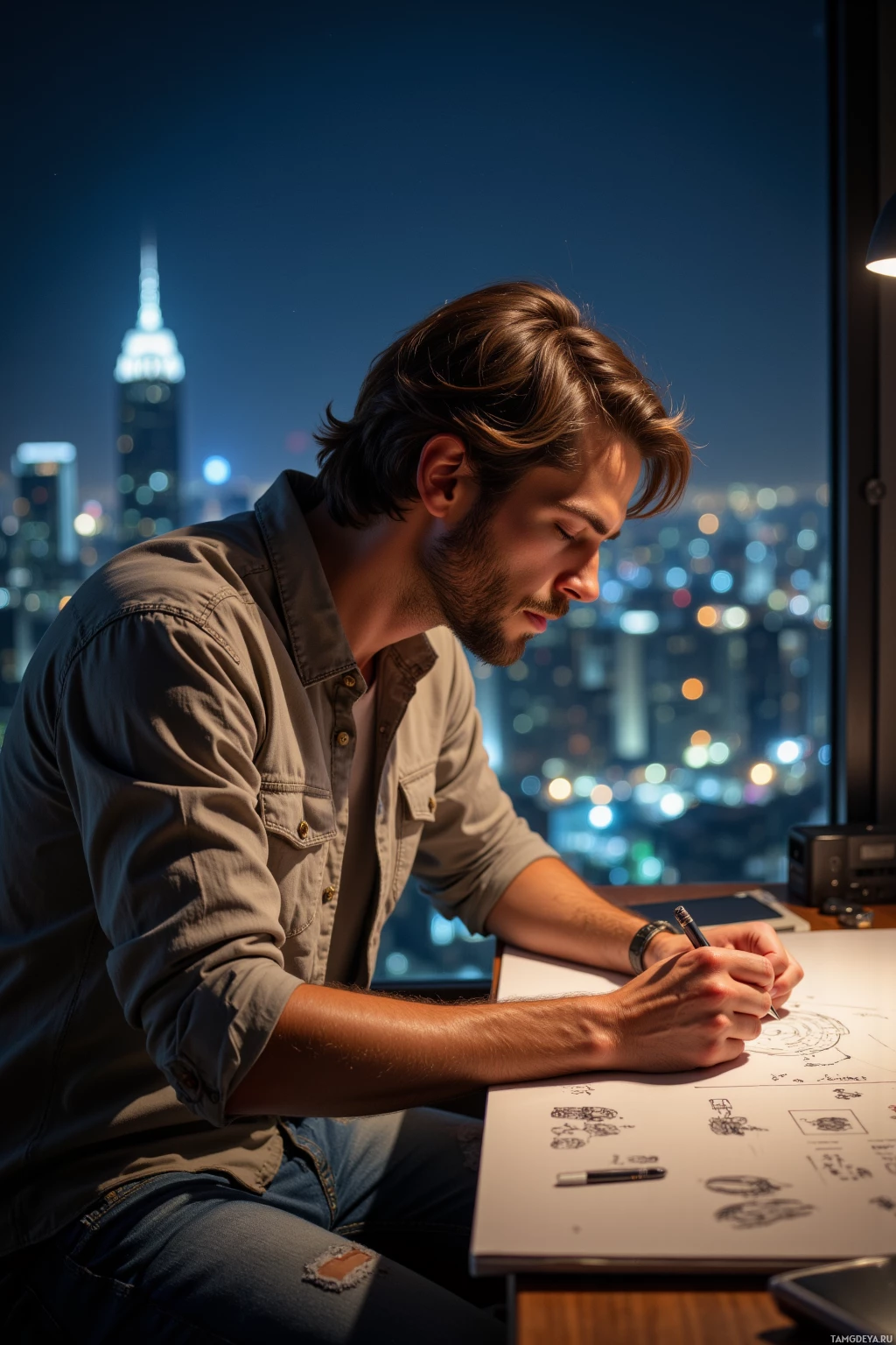 Мужчина рисует эскиз за столом, за окном виден городской пейзаж.