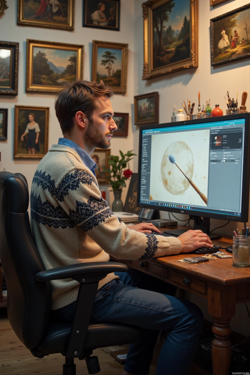 Мужчина сидит за столом в комнате, украшенной картинами в рамках, и работает на компьютере с программой для обработки изображений.