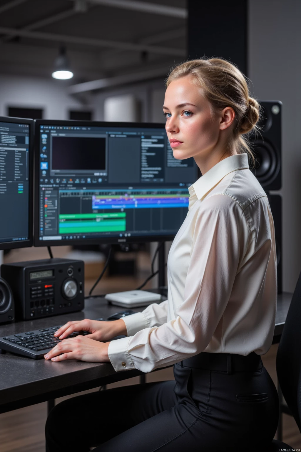 Женщина сидит за столом и работает за компьютером с несколькими мониторами.