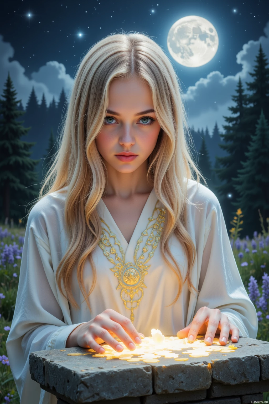 Realistic high quality photo. A serene 28‑year‑old woman with long flowing blonde hair, clear blue eyes, pale complexion, wearing shimmering celestial robes of light, stands in a mist‑shrouded glade under a silver moon, untangling a glowing runic puzzle on a stone tablet while gently offering luminous crumbs to translucent wandering souls.