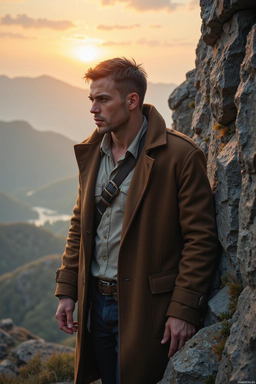 Realistic high quality photo. A lone climber, male, 37, short light brown hair, amber eyes, pale skin with faint soot smudges, in a worn‑out long brown coat and simple linen shirt, perched on a wind‑swept ridge overlooking a misty valley at sunrise, his callused fingers tracing the jagged cliff.