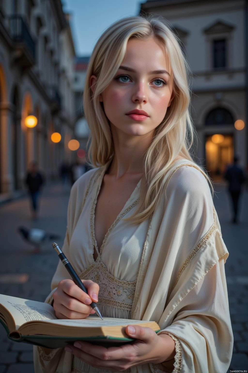 Realistic high quality photo. Female, 32, white-blonde hair, soft blue eyes, porcelain skin, subtle enigmatic smile, wearing a flowing white dress and loosely draped scarf, standing in a dimly lit city square, watching pigeons dance like ballet over cobblestones while scribbling in a battered notebook under dusk light filtering through old stone arches.