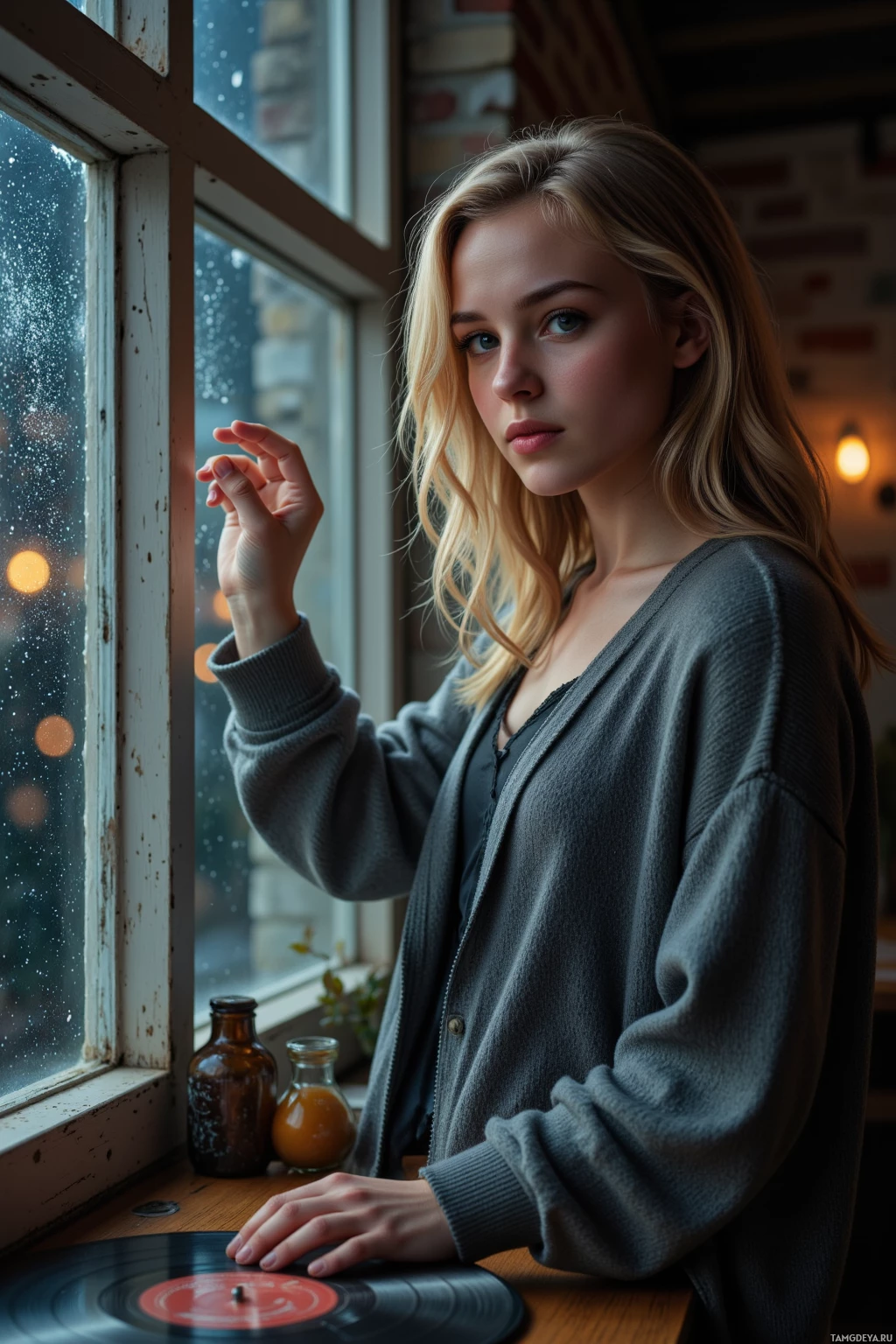 У окна стоит девушка с длинными светлыми волосами, держа в руках пластинку, рядом на подоконнике стоит бутылка.