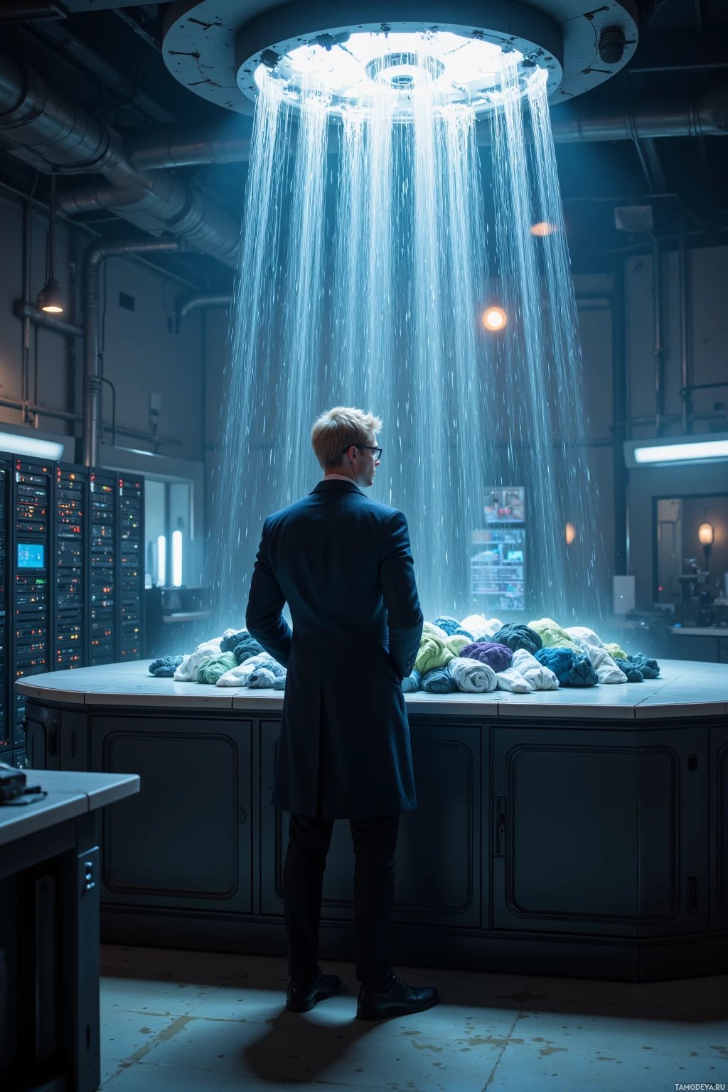 Мужчина в костюме стоит в полумраке комнаты, напротив большой душевой лейки, под струями воды, падающими на груду одежды.