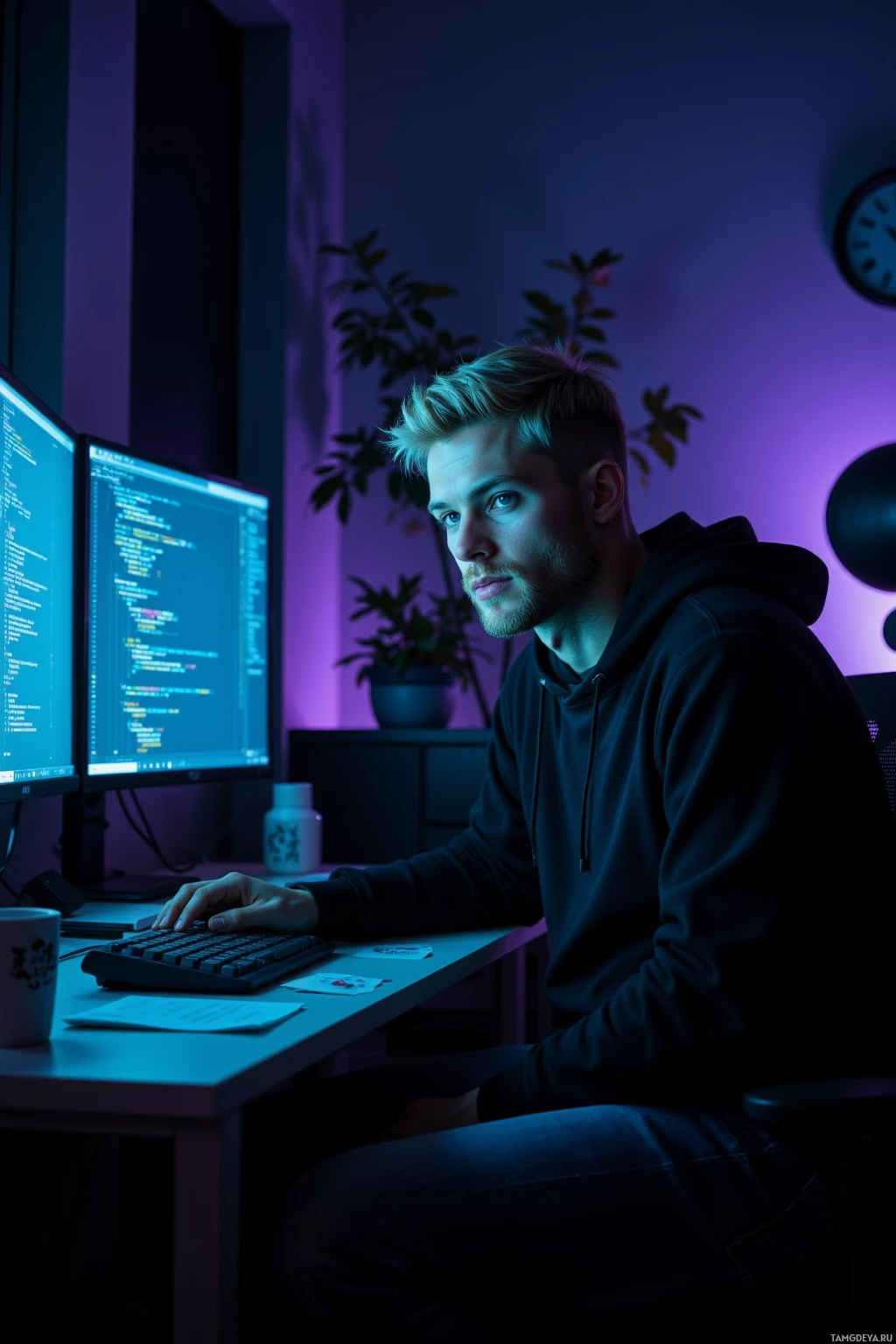 Человек сидит за столом в полумраке, работая за компьютером, на экране которого отображается код.