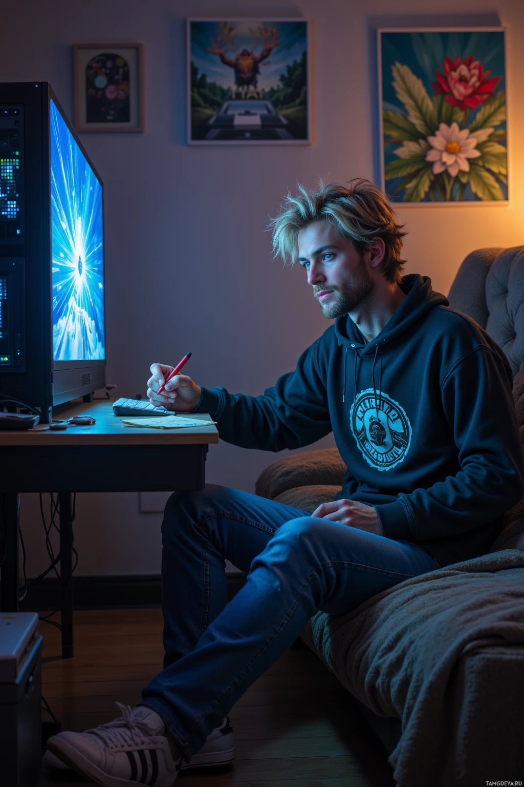 В уютной комнате человек сидит за компьютером, держа в руке ручку.