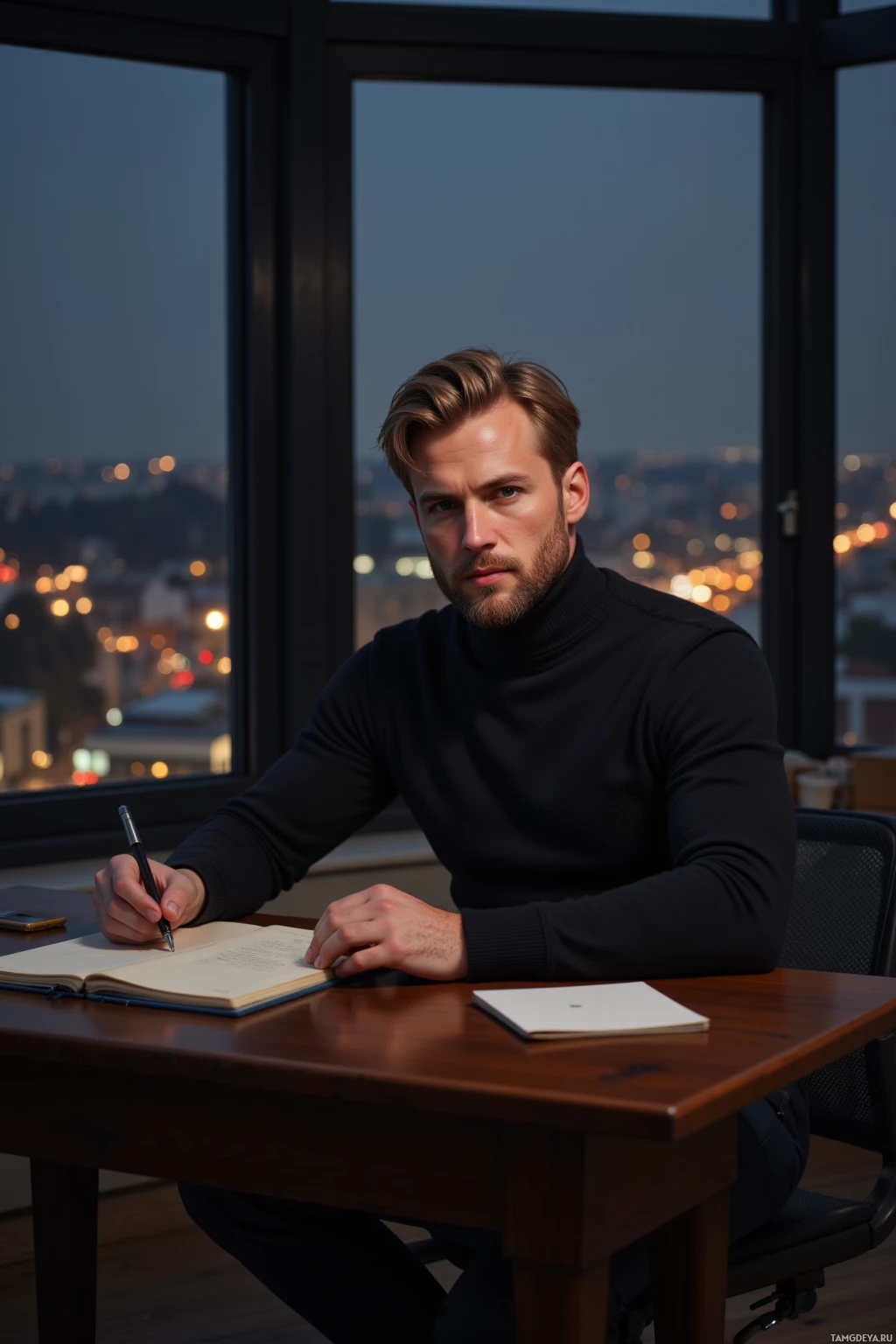 Мужчина сидит за столом в полумраке, держа в руке ручку и глядя в окно на городской пейзаж.