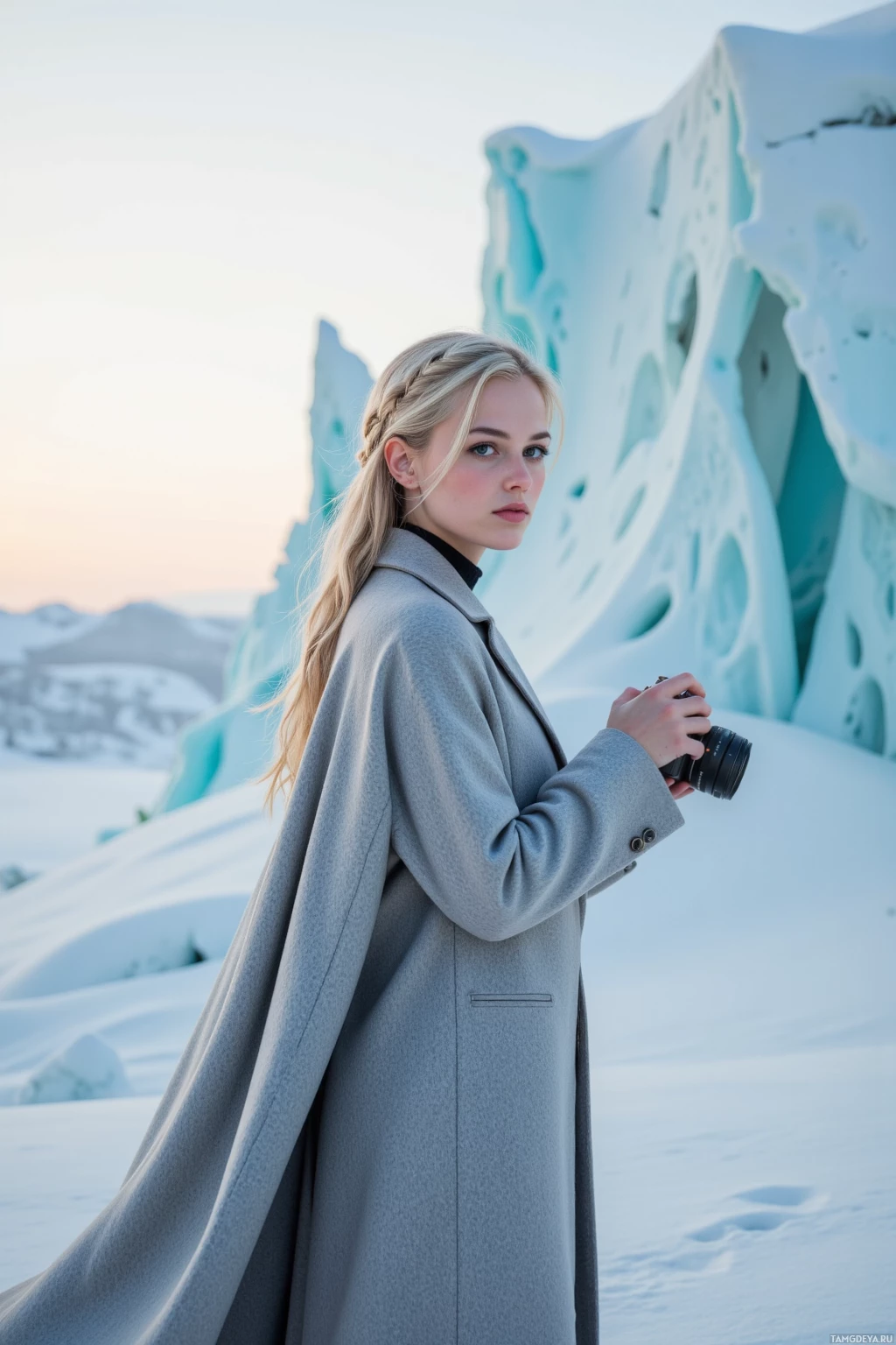 Человек в длинном пальто стоит в заснеженном пейзаже, держа в руках фотоаппарат.
