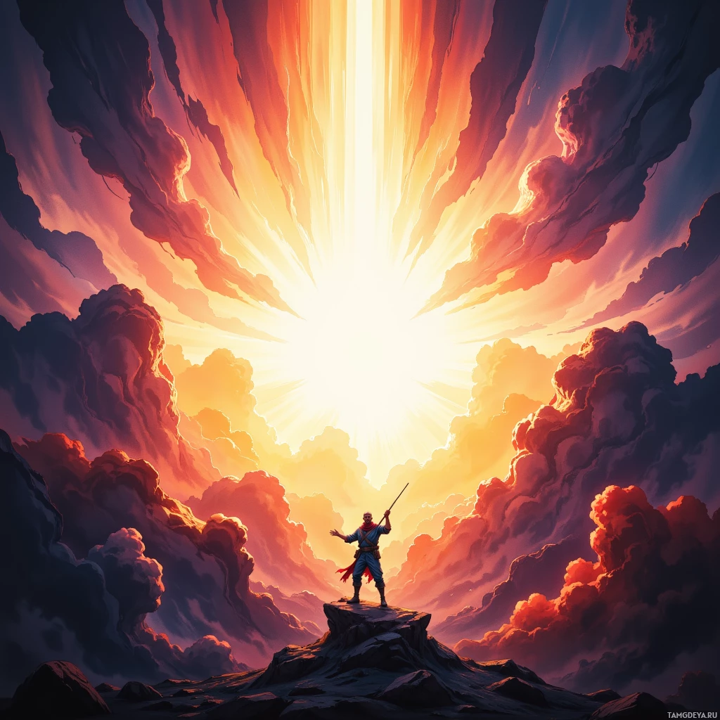 Воин стоит на вершине скалы, вглядываясь в сияющий солнечный луч, пробивающийся сквозь грозовые облака.