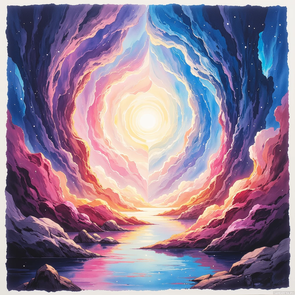Яркий, неземной пейзаж с сияющим небесным порталом, окруженным вихрями облаков и отраженным в спокойной водной глади.