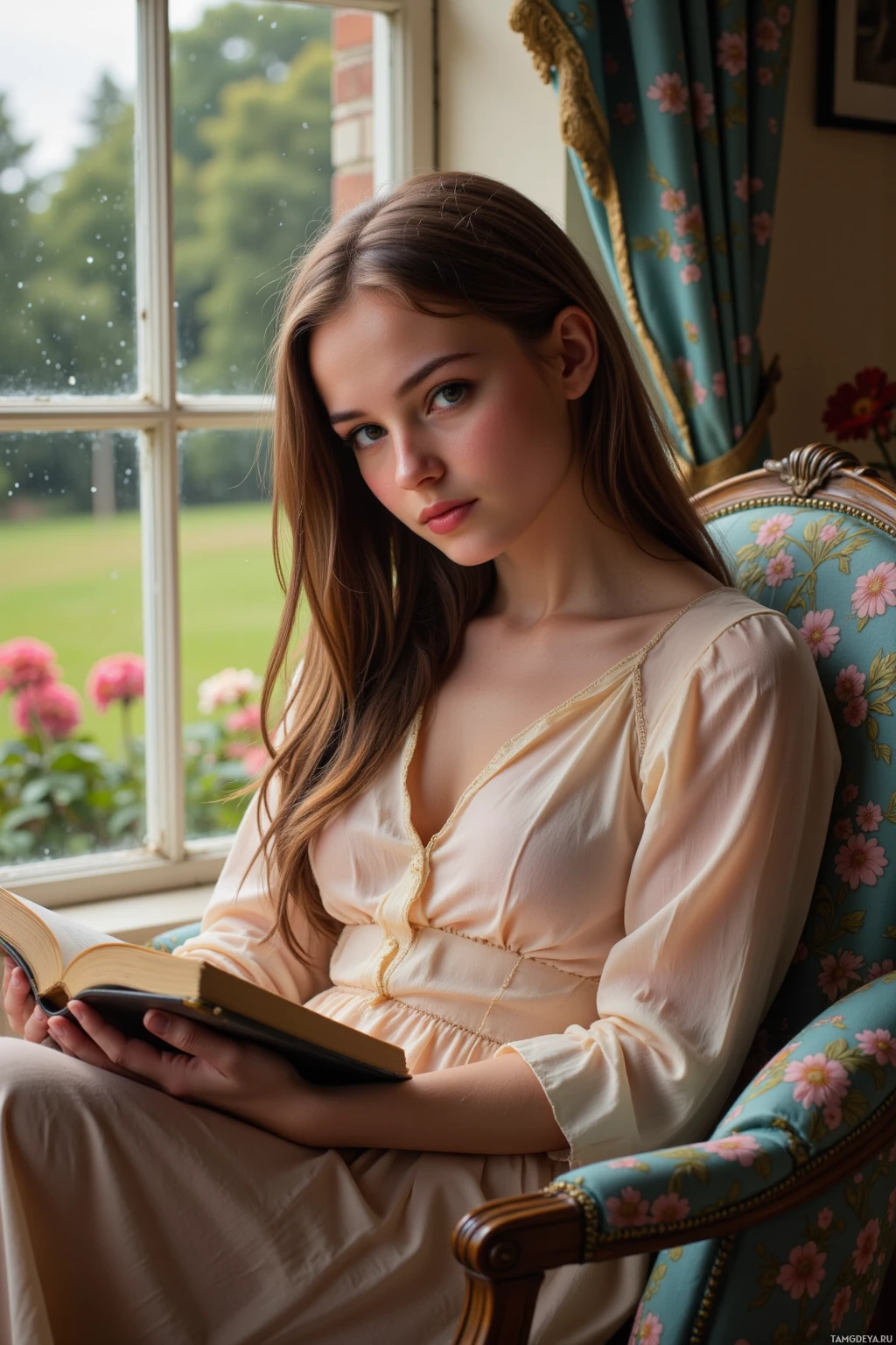 В светлом платье женщина сидит в кресле с цветочным узором у окна, держа в руках раскрытую книгу.