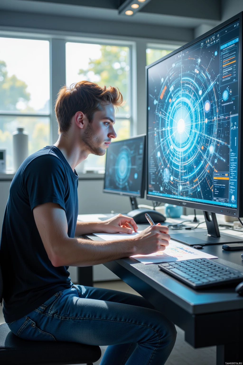 Человек сидит за столом и работает на компьютере с несколькими мониторами, на которых отображаются сложные данные.