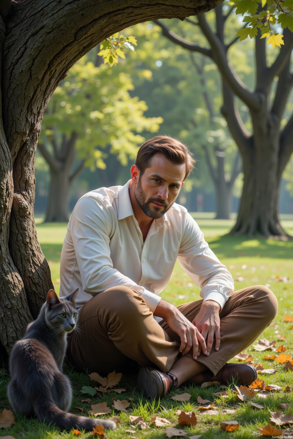 Мужчина сидит на траве в парке, рядом с ним кошка.