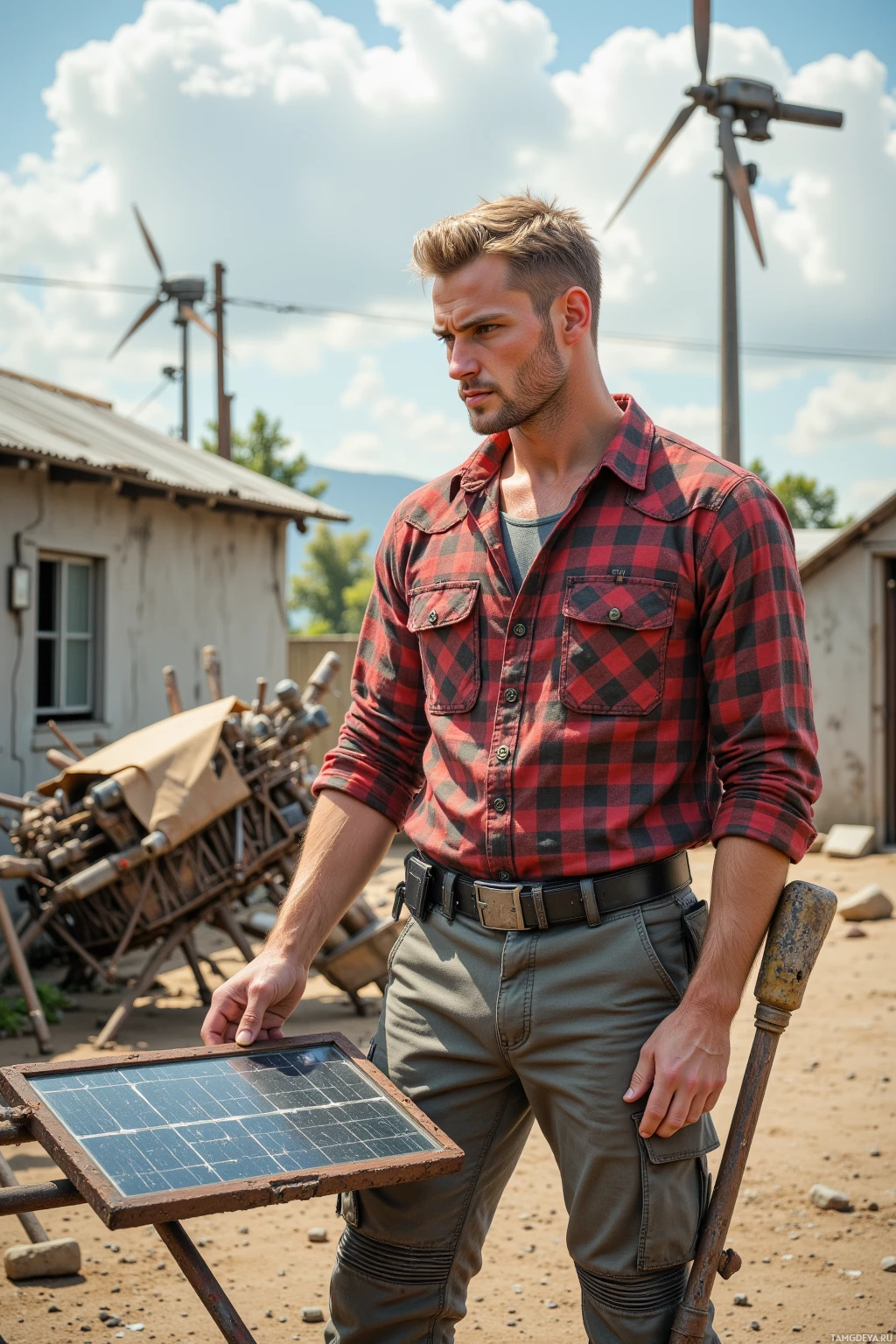 Мужчина в клетчатой рубашке и карговых брюках держит солнечную панель и лопату, стоя на открытом воздухе рядом с ветряной турбиной.