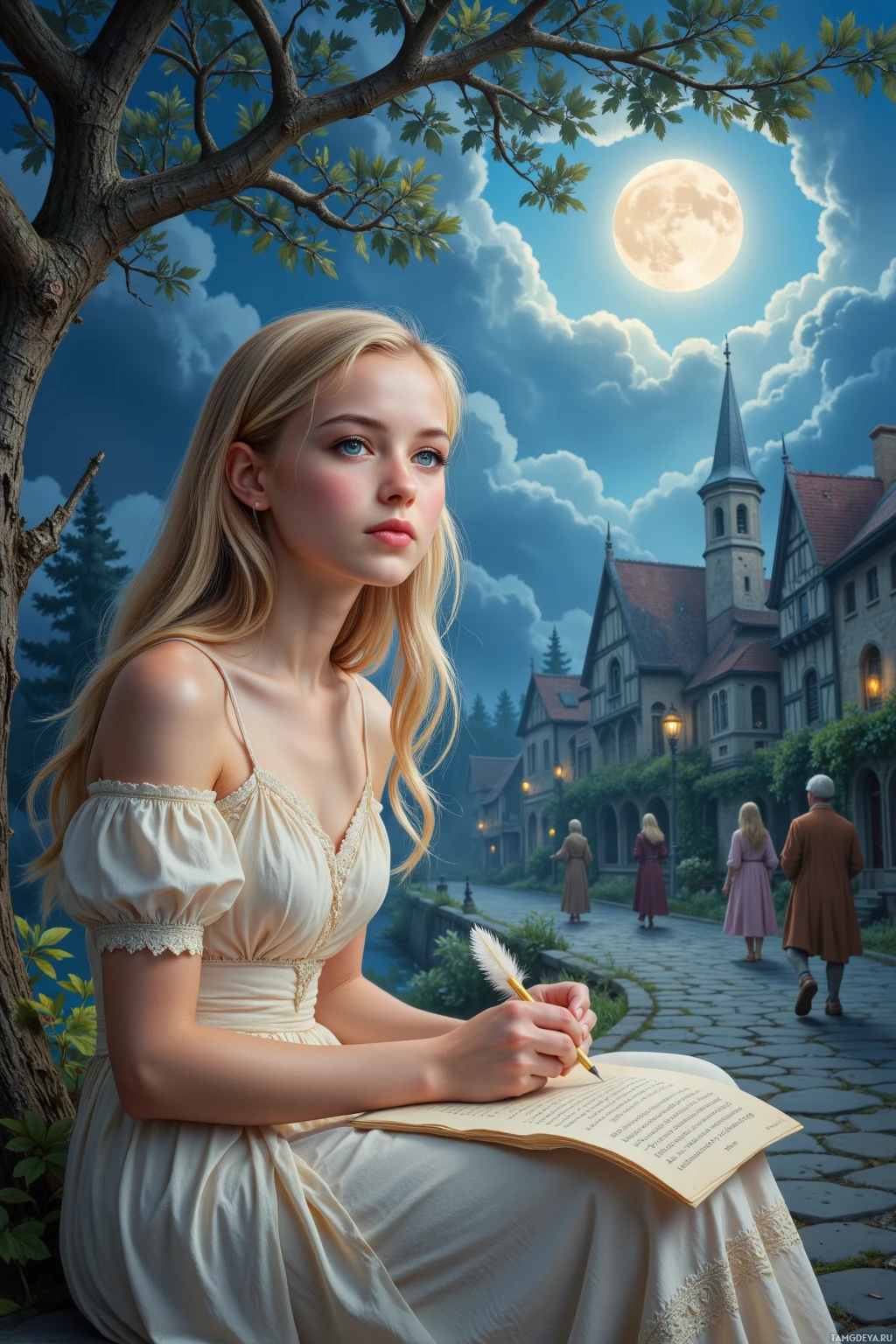Молодая женщина в белом платье пишет в книге под деревом на фоне полной луны и деревенских домов.