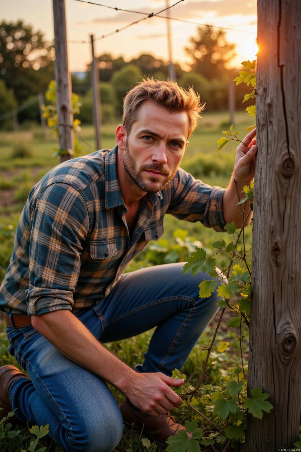 Мужчина в клетчатой рубашке и джинсах присел рядом с деревянным столбом на винограднике на закате.