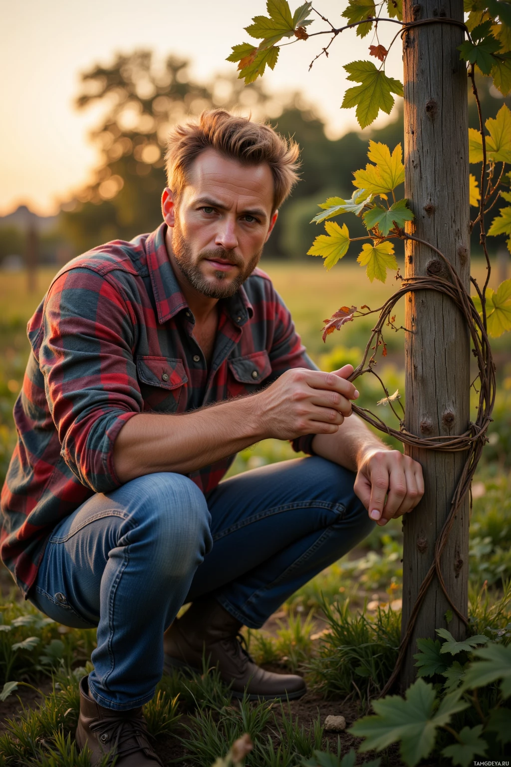 Мужчина в клетчатой рубашке и джинсах присел возле деревянного столба в поле.