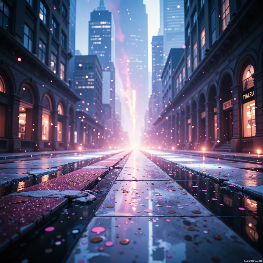 Городская улица на закате, освещенная мерцающими огнями и усыпанная лепестками.