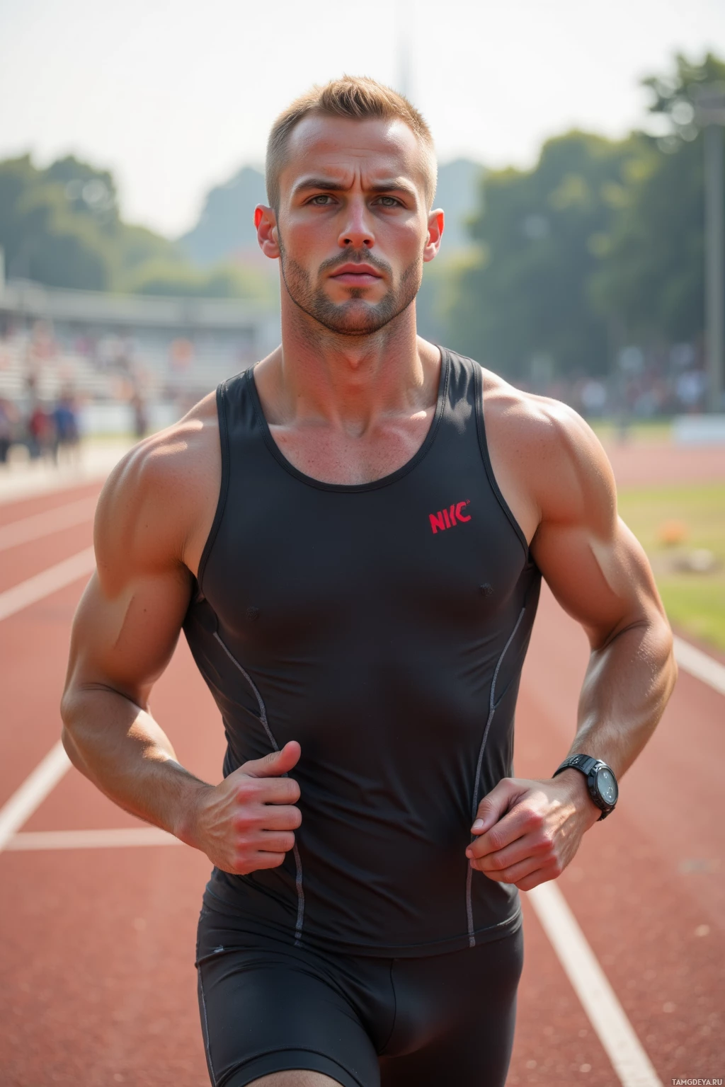 Мужчина в спортивной майке и шортах бежит по беговым дорожкам.