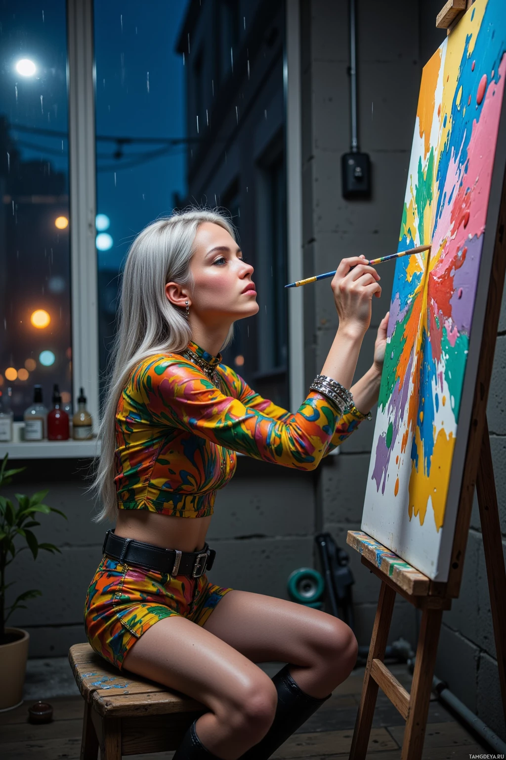 Человек рисует на холсте в мастерской, за окном – дождёная ночь.