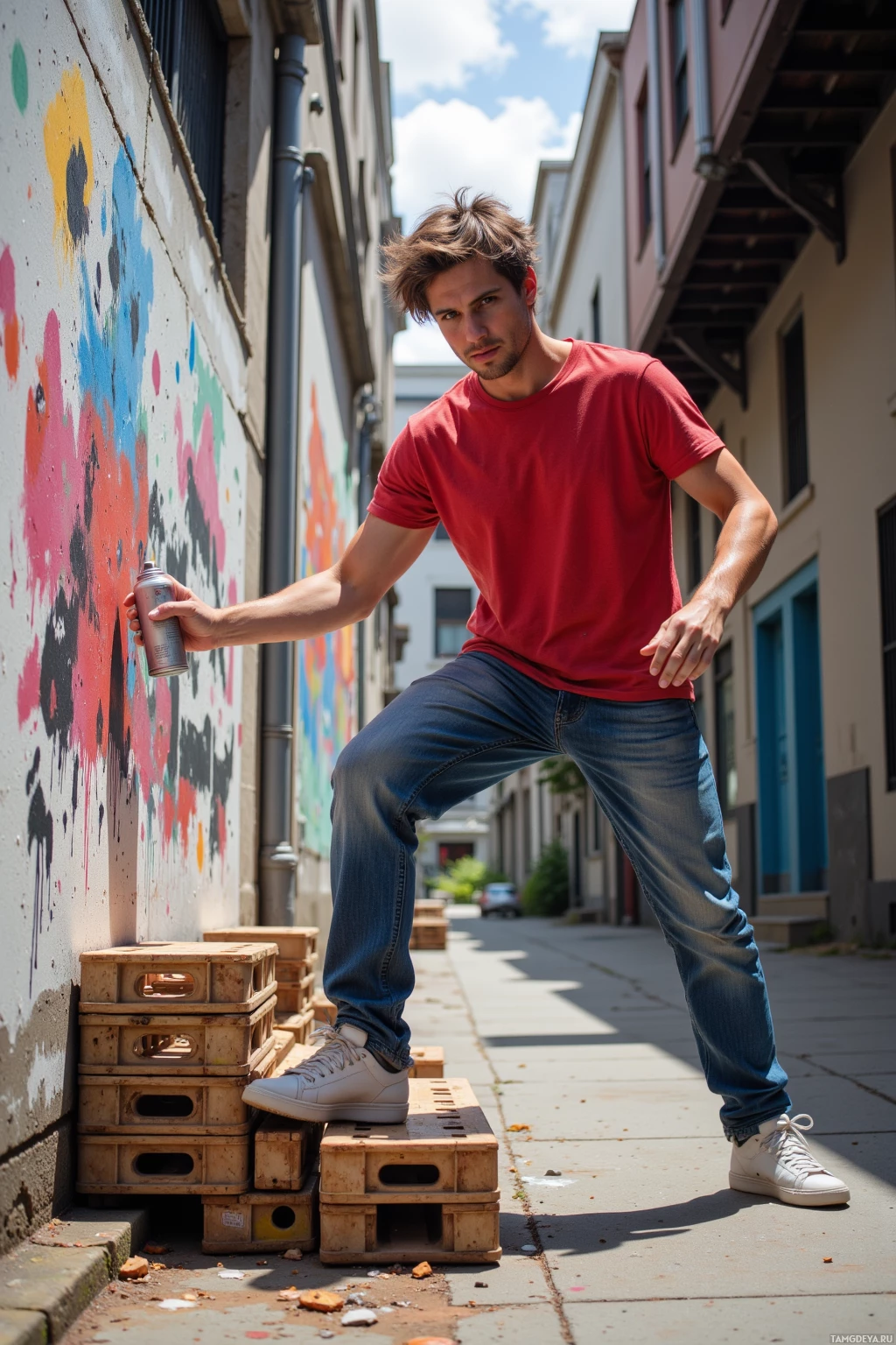 Человек в красной футболке и джинсах стоит на ящиках в переулке, держа в руках баллончик с краской.