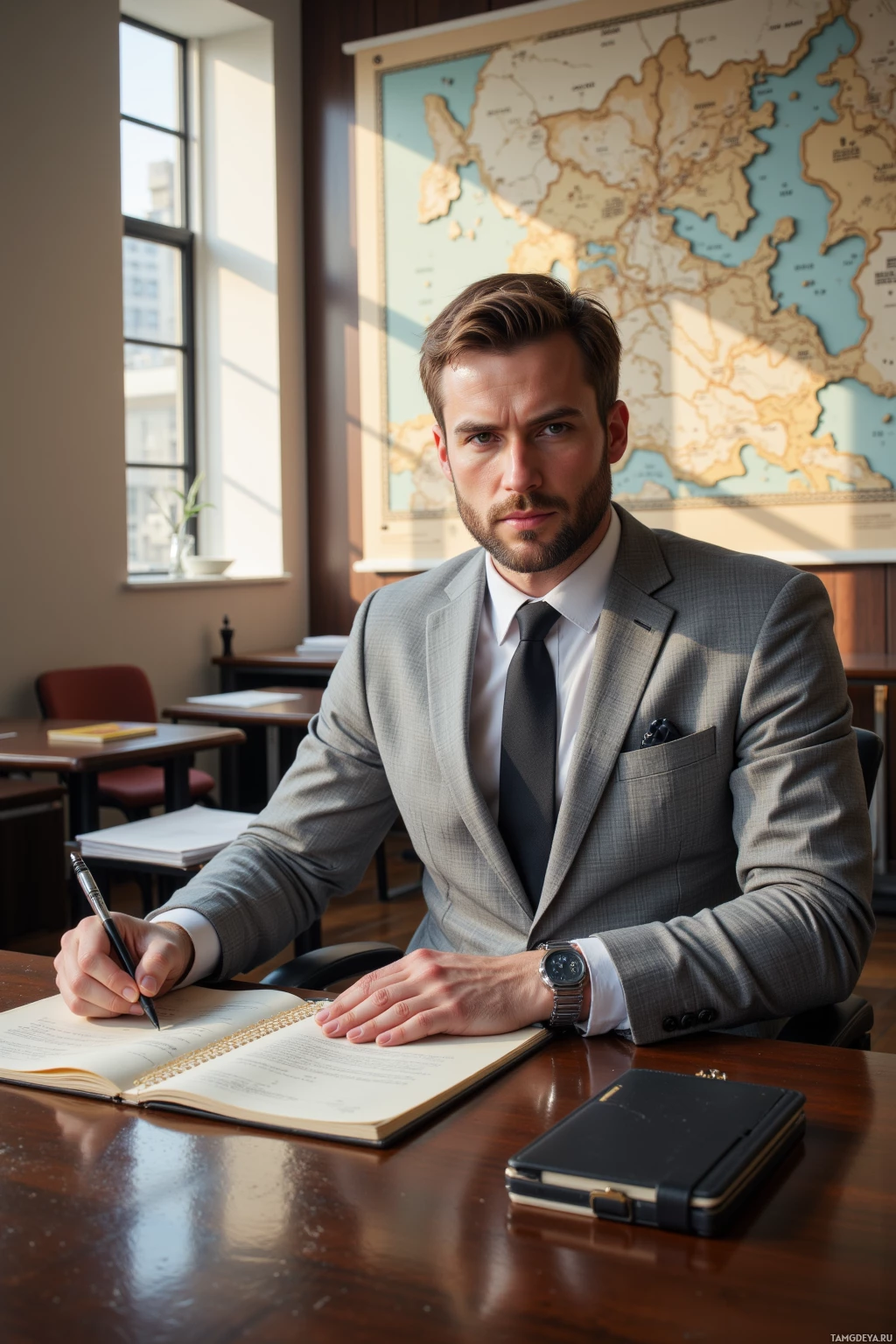 Мужчина в костюме сидит за столом и что-то записывает в блокнот.