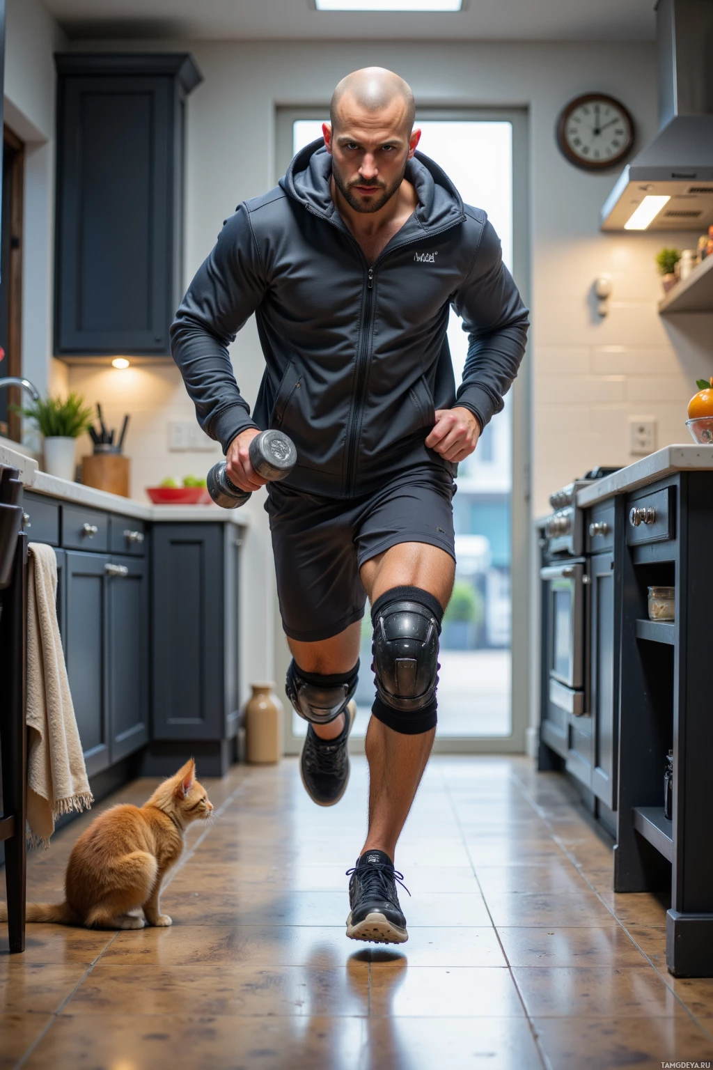 A man in a kitchen runs with a dumbbell, while a cat sits on the floor.