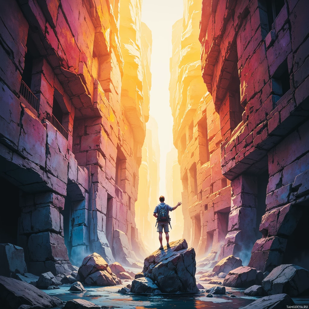 Одинокая фигура стоит на скале в узком каньоне, глядя в сторону яркого света вдали.