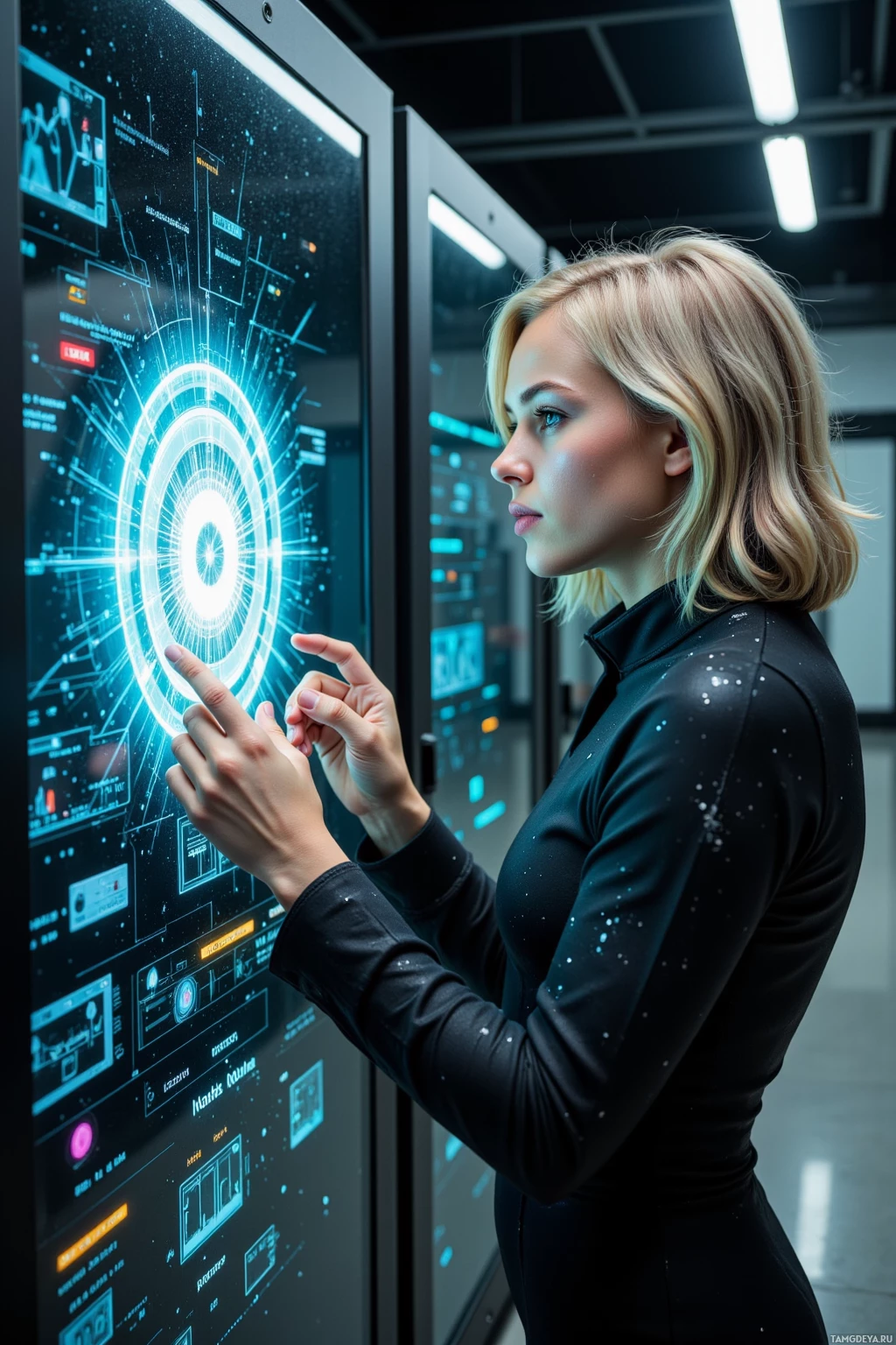 Человек в черной одежде взаимодействует с большим футуристичным цифровым дисплеем.