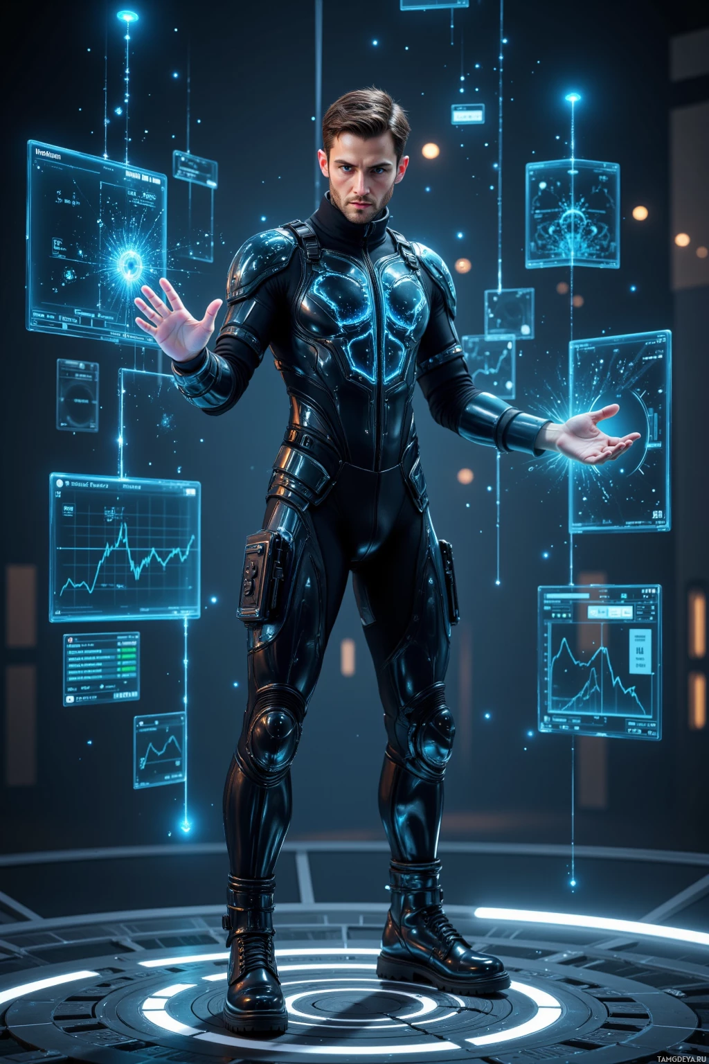 Realistic high quality photo. Male, 25, short brown hair, bright blue eyes, wearing a sleek black jumpsuit and glossy roller boots, standing in a dimly lit orbital hub at midnight orbit, manipulating holographic market data with a confident posture while data streams swirl around him as he calculates a risky glitch bet.