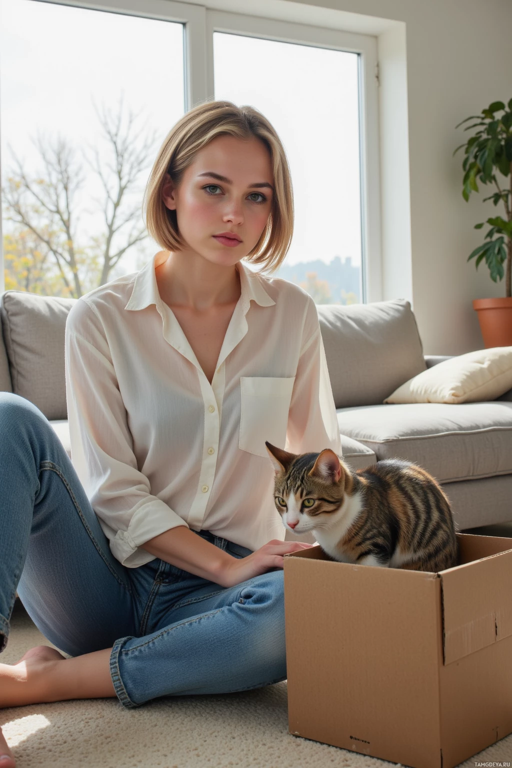 Realistic high quality photo. Female, 23, short light brown hair, green eyes, wearing a simple white blouse and relaxed‑fit jeans, sits on a gray sofa in a sunlit living room, listening to a small cat hiding in a cardboard box on the carpet, her posture calm and protective.