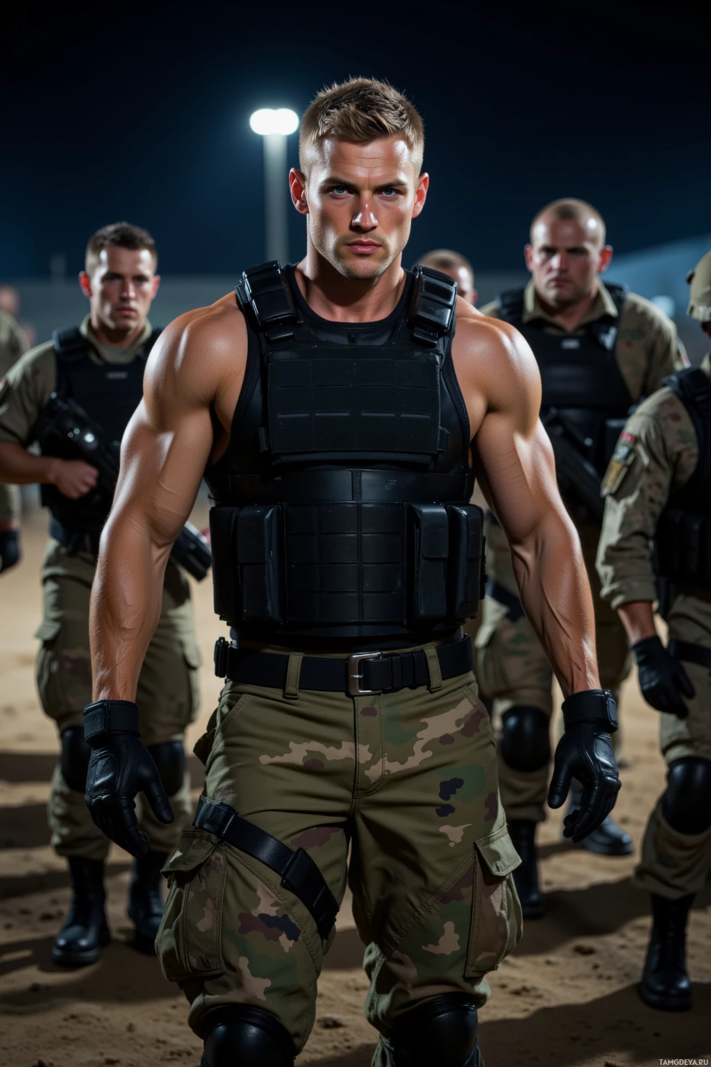 Мужчина в тактическом снаряжении, сильный и подтянутый, стоит в строю солдат в ночное время.