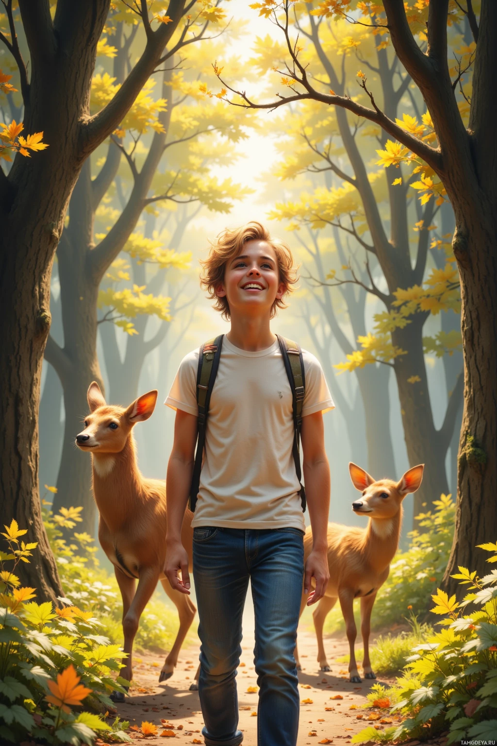 Человек идёт по лесу в сопровождении двух оленей, окружённый золотыми листьями и солнечными лучами, пробивающимися сквозь деревья.