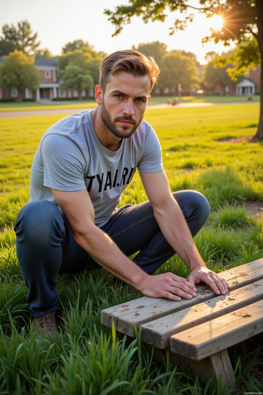Мужчина в повседневной одежде сидит на скамейке в парке, залитом закатным светом.