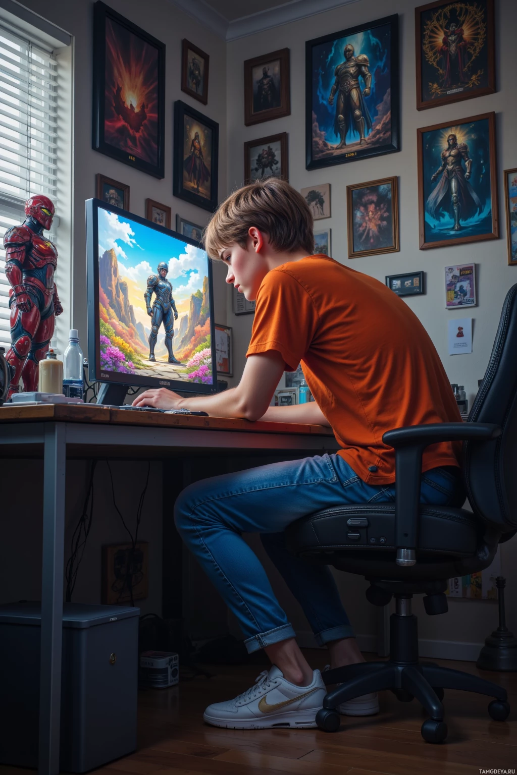 Молодой человек сидит за столом в комнате, украшенной картинами в рамках, и работает на компьютере.