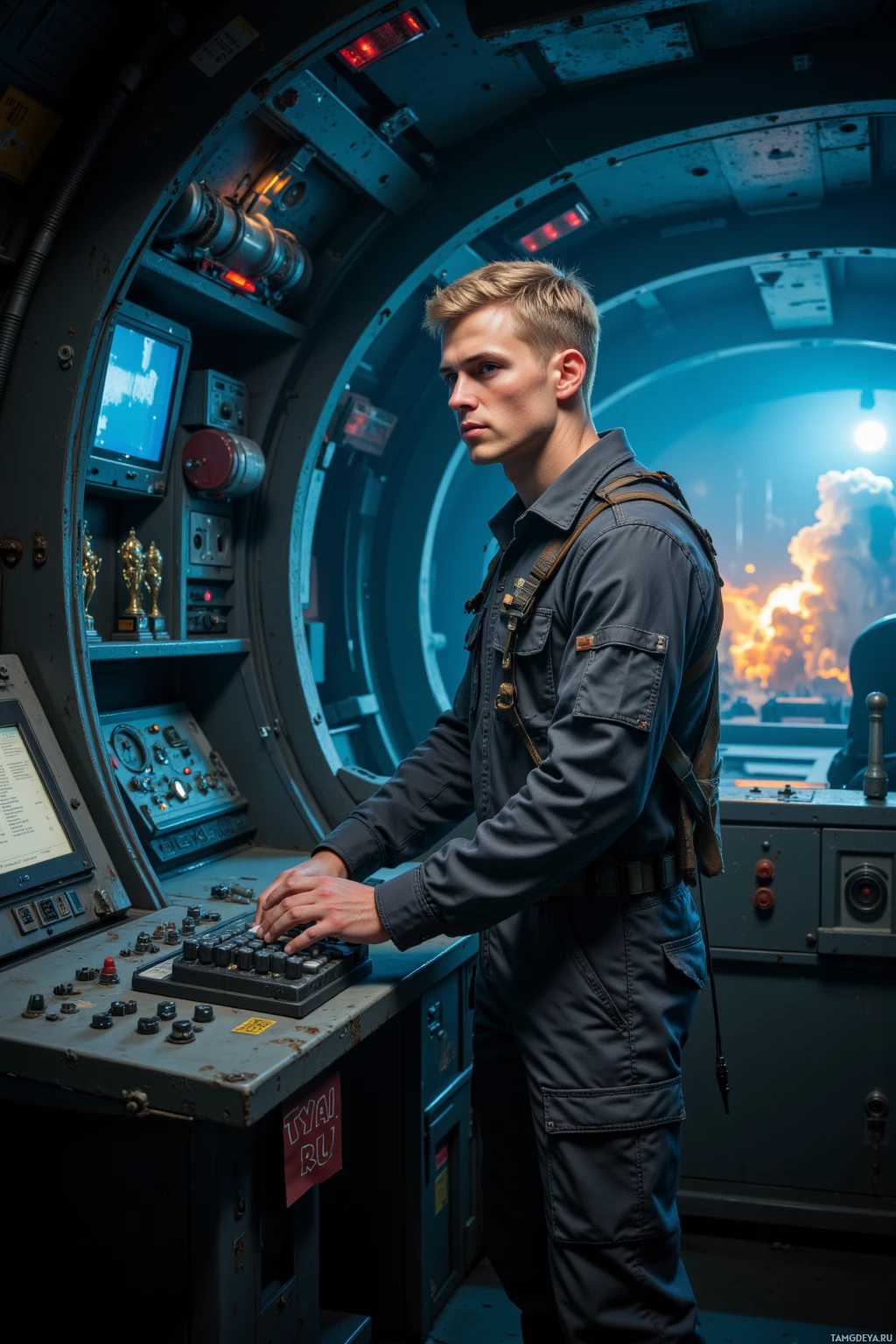 Человек в скафандре управляет панелью управления в футуристическом окружении.