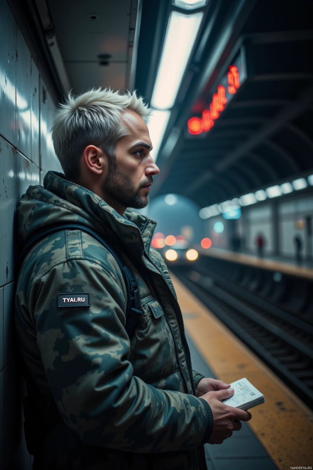 Мужчина в камуфляжной куртке стоит на платформе метро, держа в руках билет.